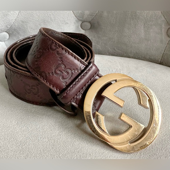 Gucci Brown Leather Belt with Gold Buckle - Picture 1 of 11
